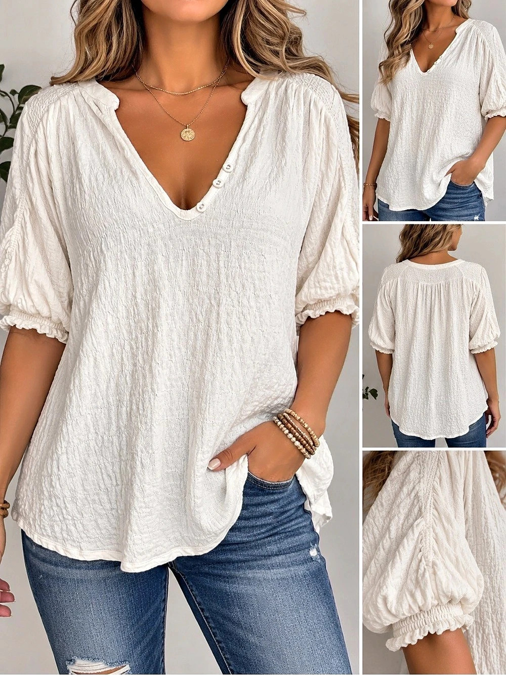 Free People Ivory Crinkle Gauze Oversized Boho Top Size Medium